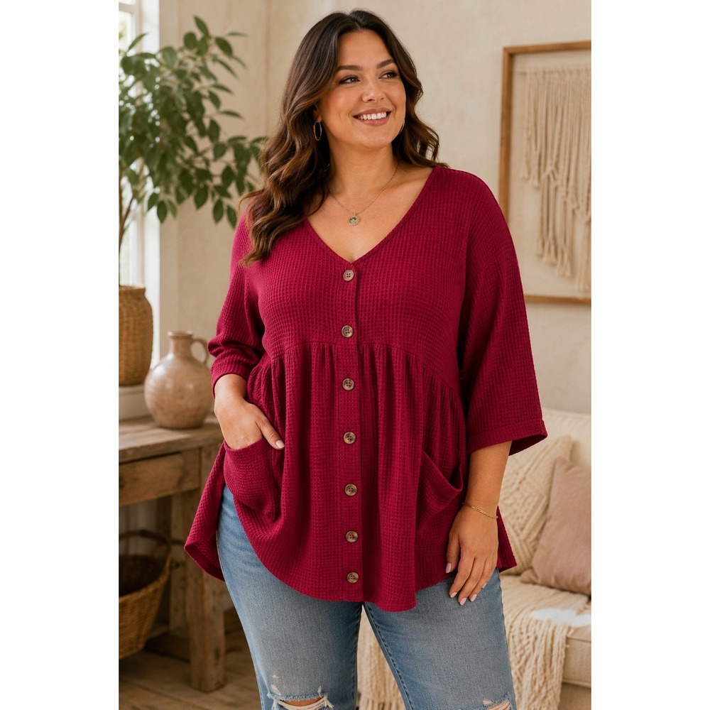 Umgee Burgundy Waffle Knit Tunic Plus Size‎ 2X Mini Dress Boho